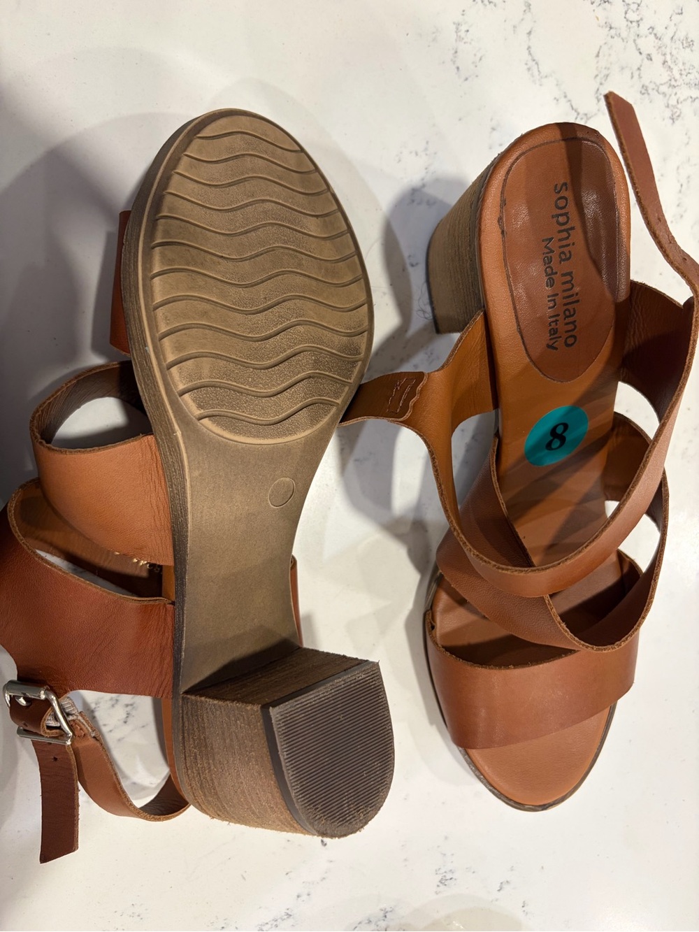 Sophia Milano Tan Leather Block Heel Sandals - Size 8